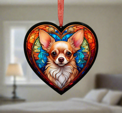 Chihuahua Fawn Stained Glass Effect Heart Suncatcher